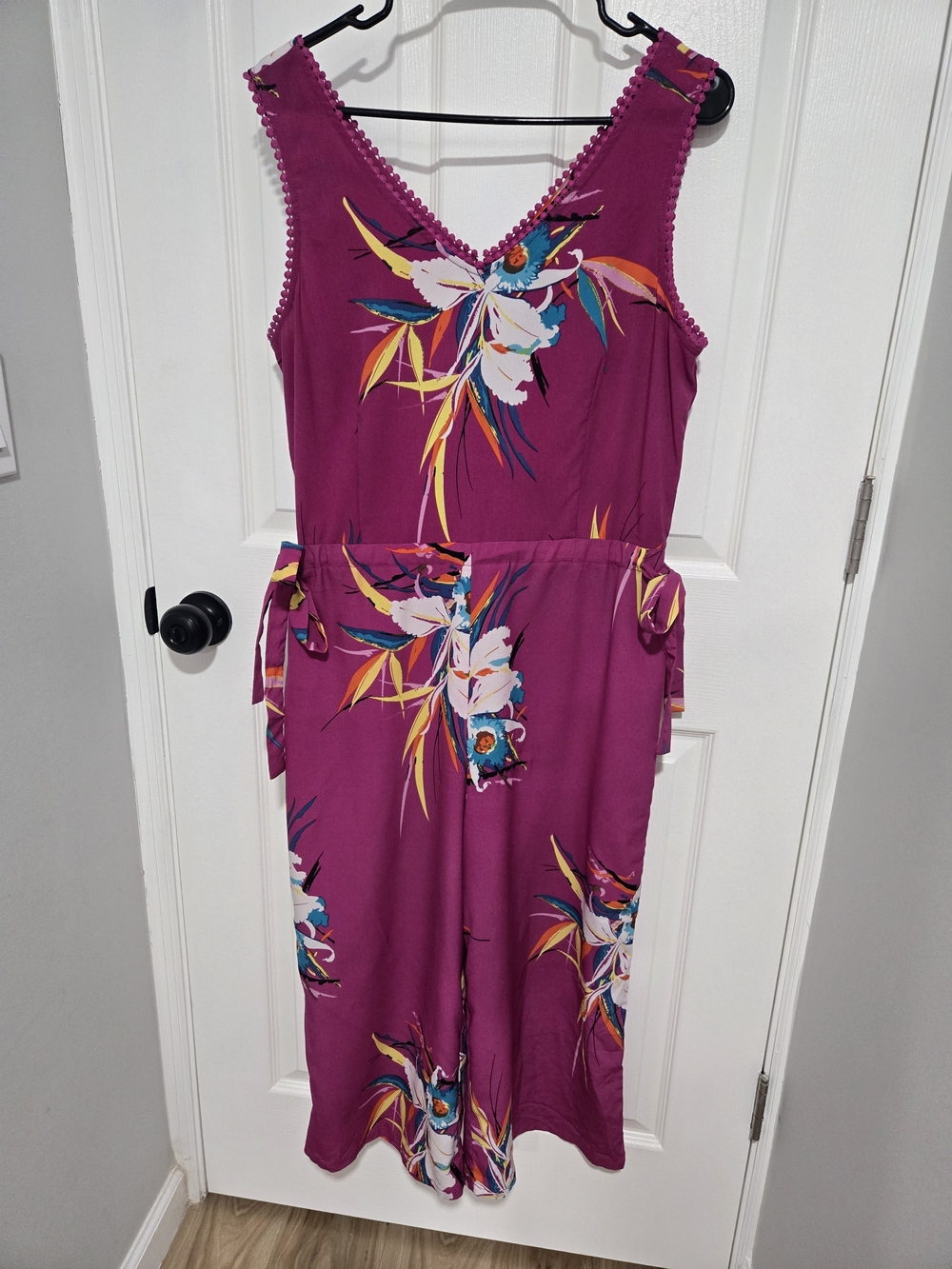 Sleeveless Floral V-Neck Jumpsuit in Magenta